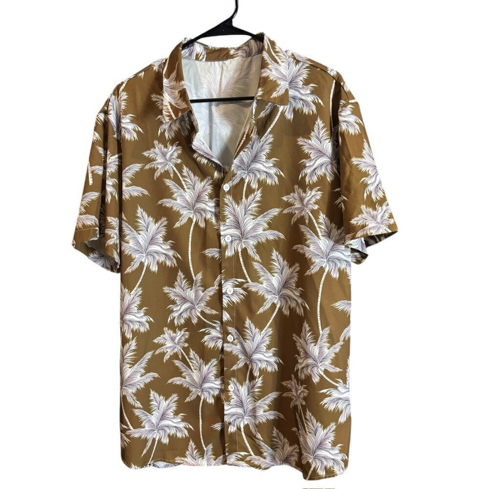 Men's Short-Sleeve With Brown & White Palm Trees Button-Down Shirt - Picture 2 of 7